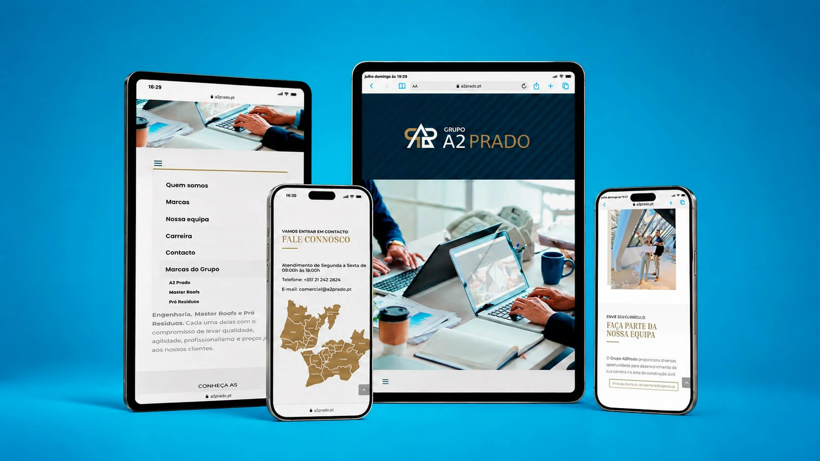 A2 Prado website displayed across tablet and mobile devices with different interface sections