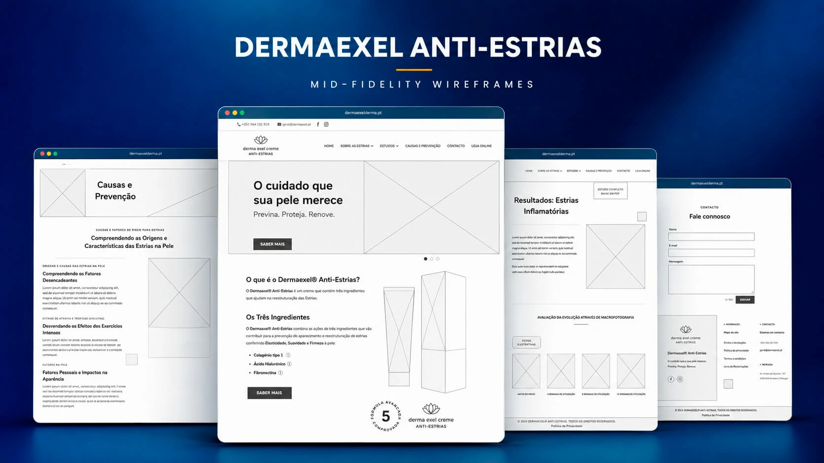 Dermaexel Anti-Stretch Marks mid-fidelity wireframes