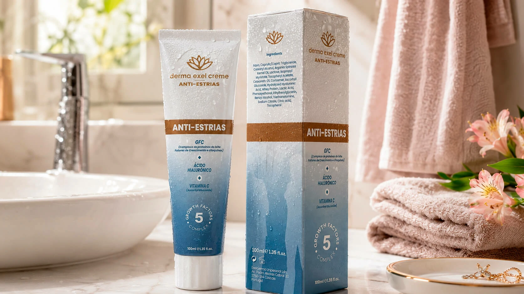 Dermaexel Anti-Stretch Marks tube and box in a bathroom setting with visible packaging details
