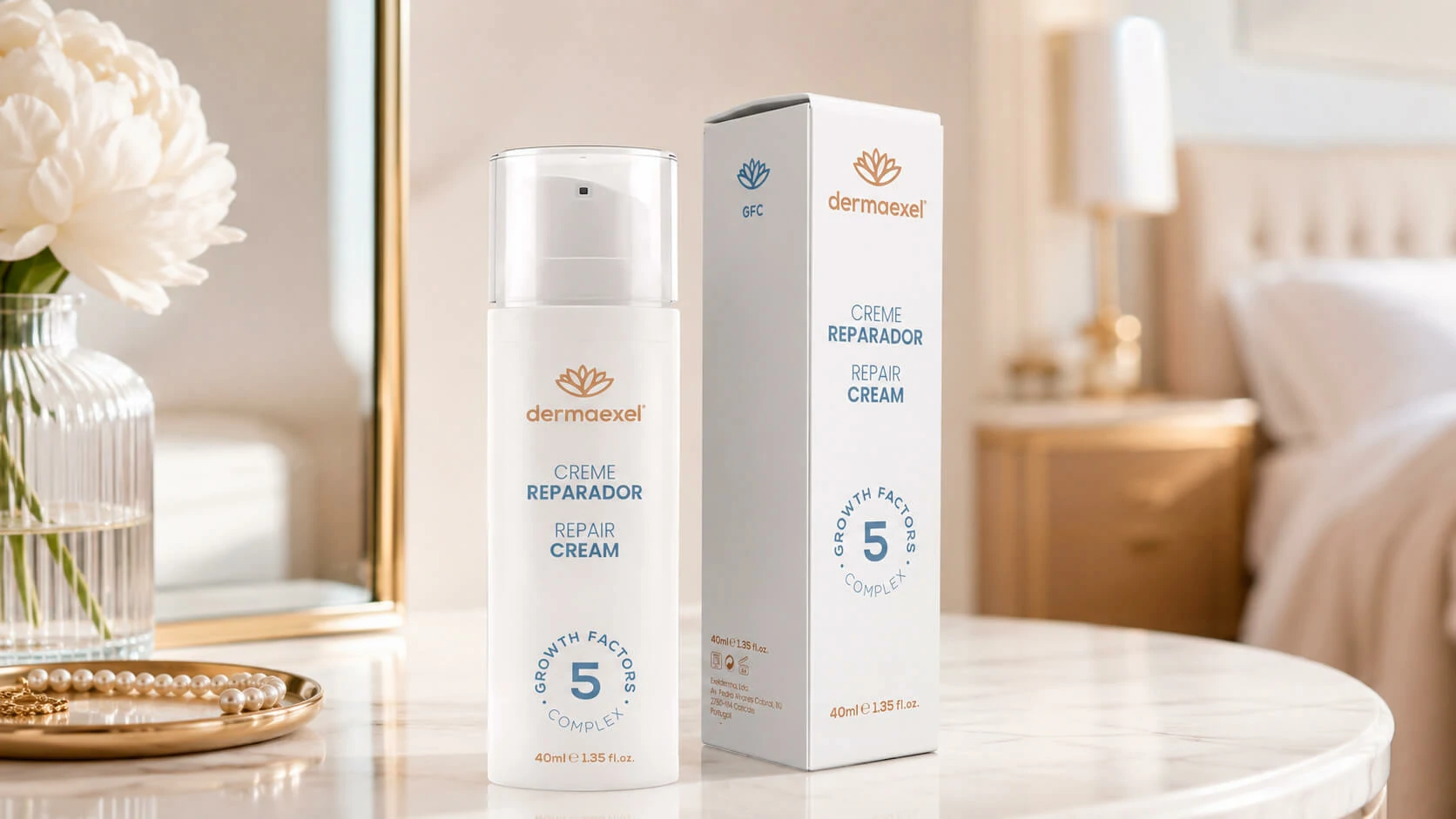Dermaexel Repair Cream packaging presented in a premium skincare environment
