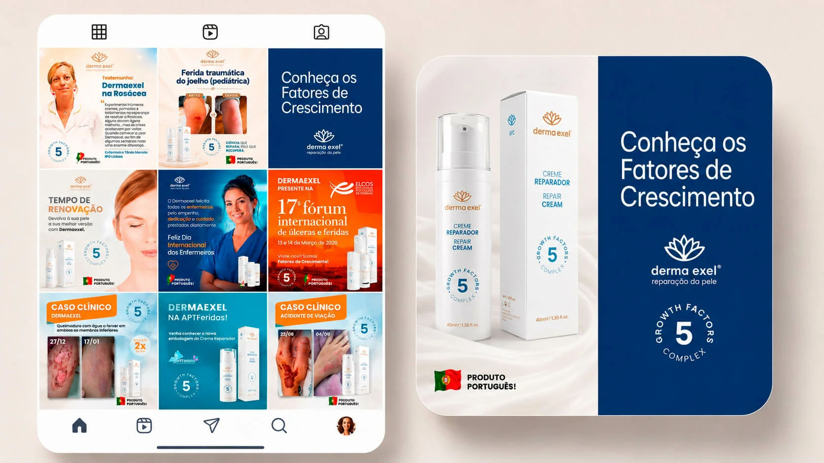 Dermaexel Instagram grid and campaign board presenting product education and the Growth Factors concept