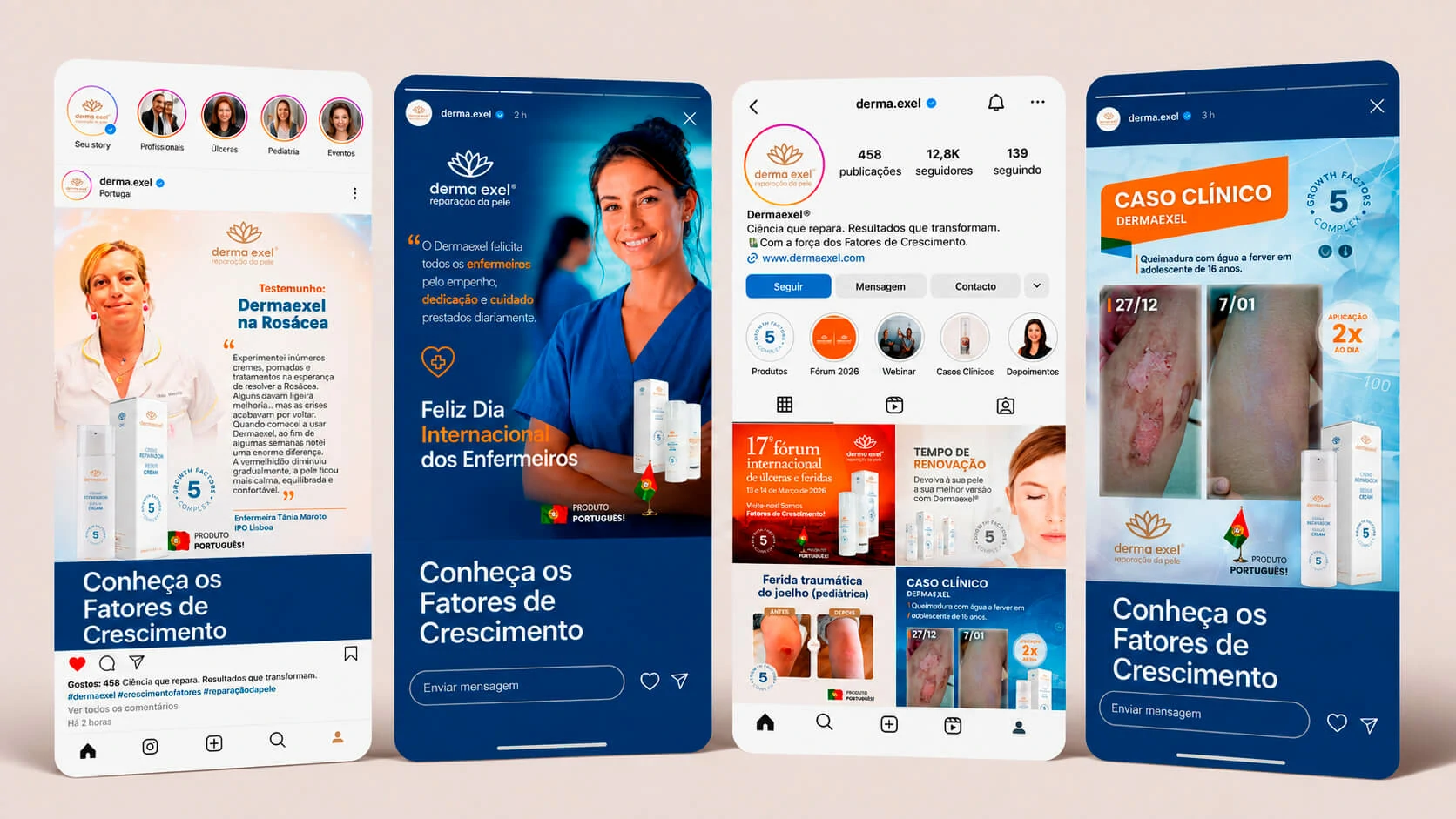 Dermaexel Instagram posts and stories covering testimonials, healthcare campaigns and clinical cases