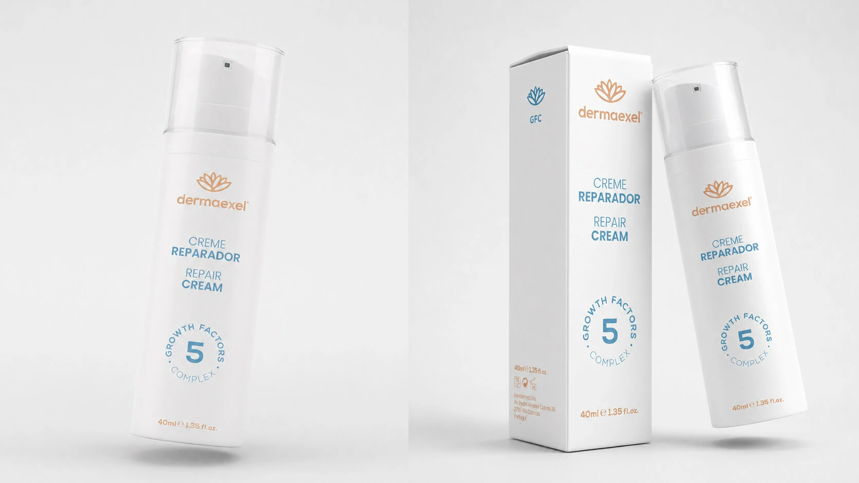 High-fidelity Dermaexel packaging mockups showing bottle and box combinations