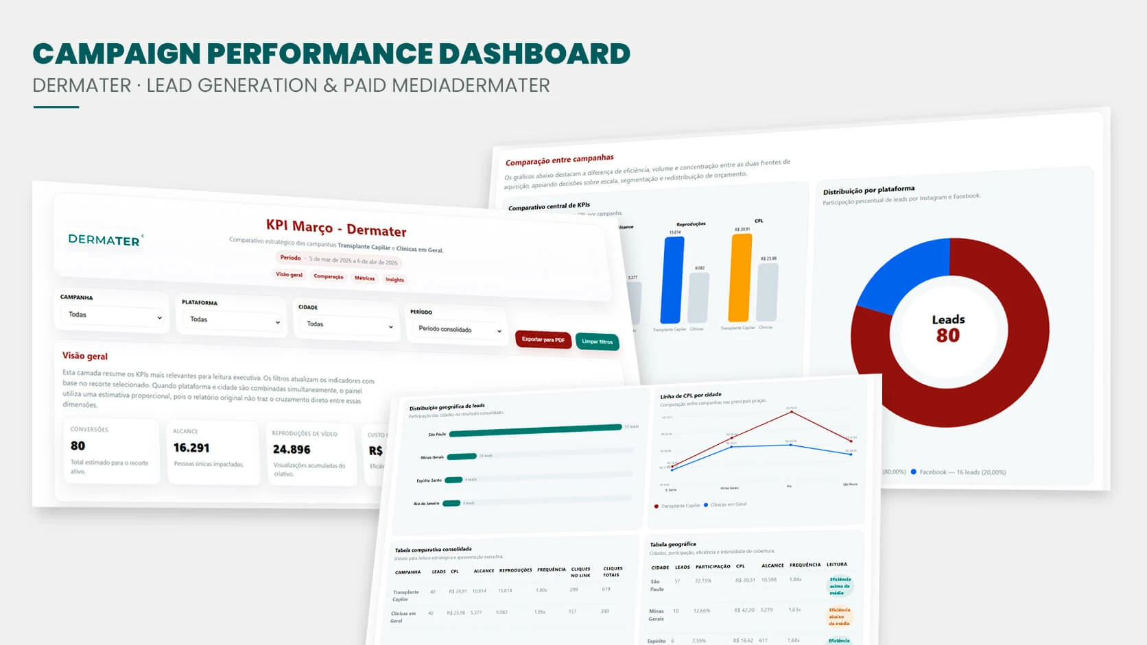 Dermater interactive campaign performance dashboard comparing Meta lead-generation results
