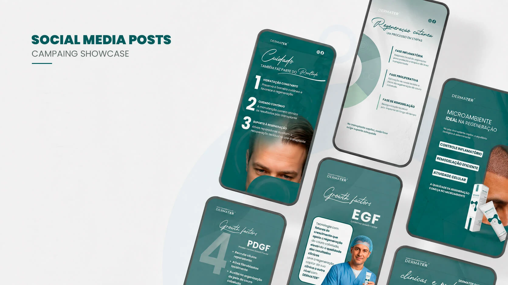 Dermater campaign posts across social media interface mockups