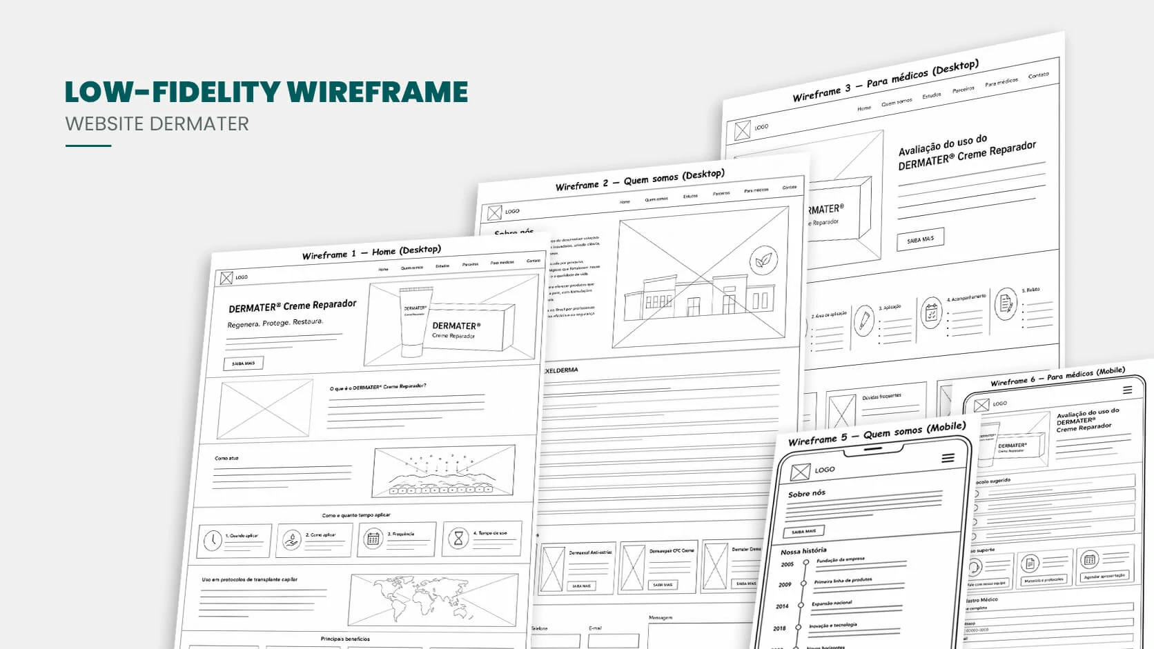 Low-fidelity Dermater website wireframes for desktop and mobile