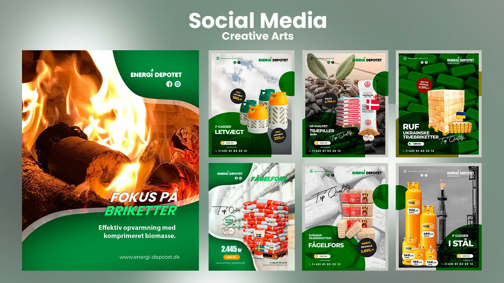 Energi Depotet social media creative system presenting pellets, briquettes and gas products