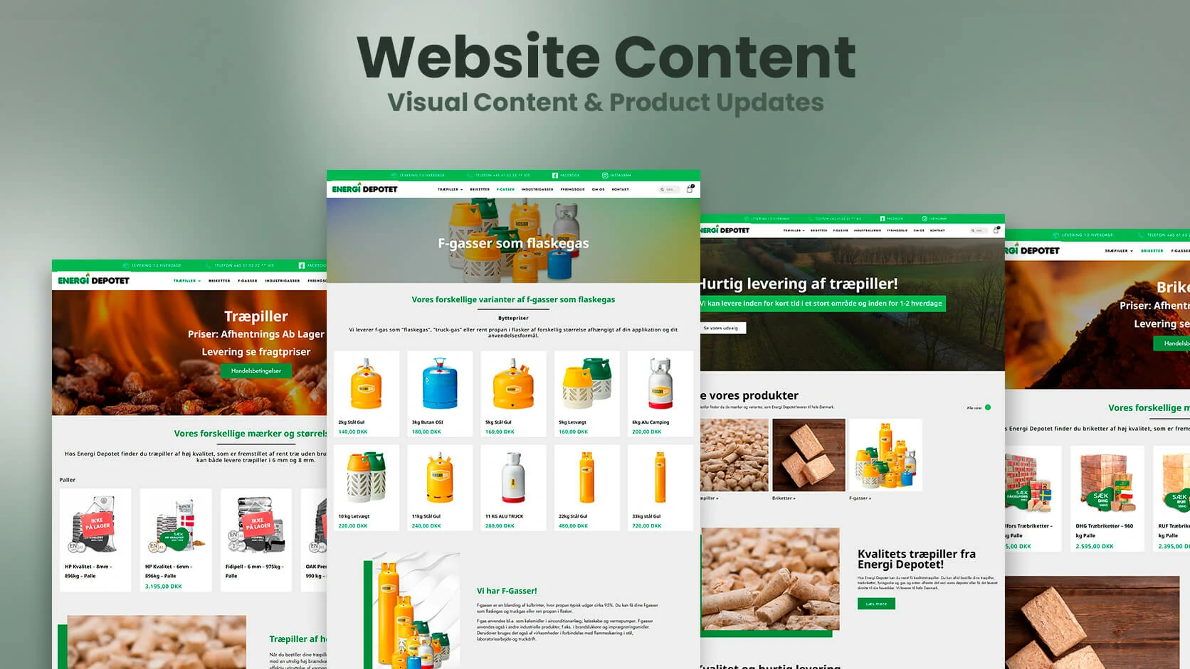 Energi Depotet website pages showing pellets, briquettes, bottled gas and product content updates