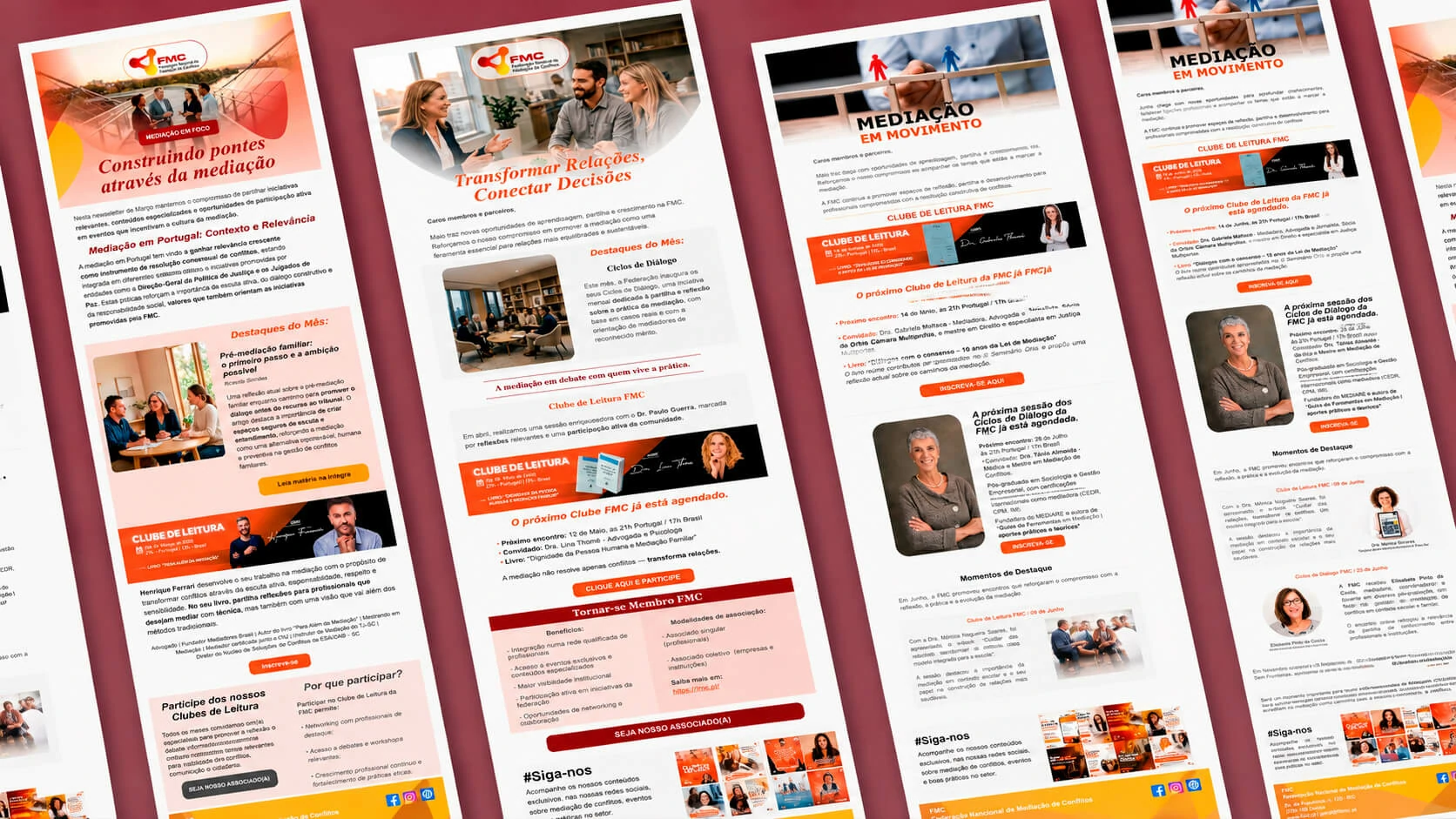 Multiple FMC newsletter editions arranged as a responsive editorial communication system