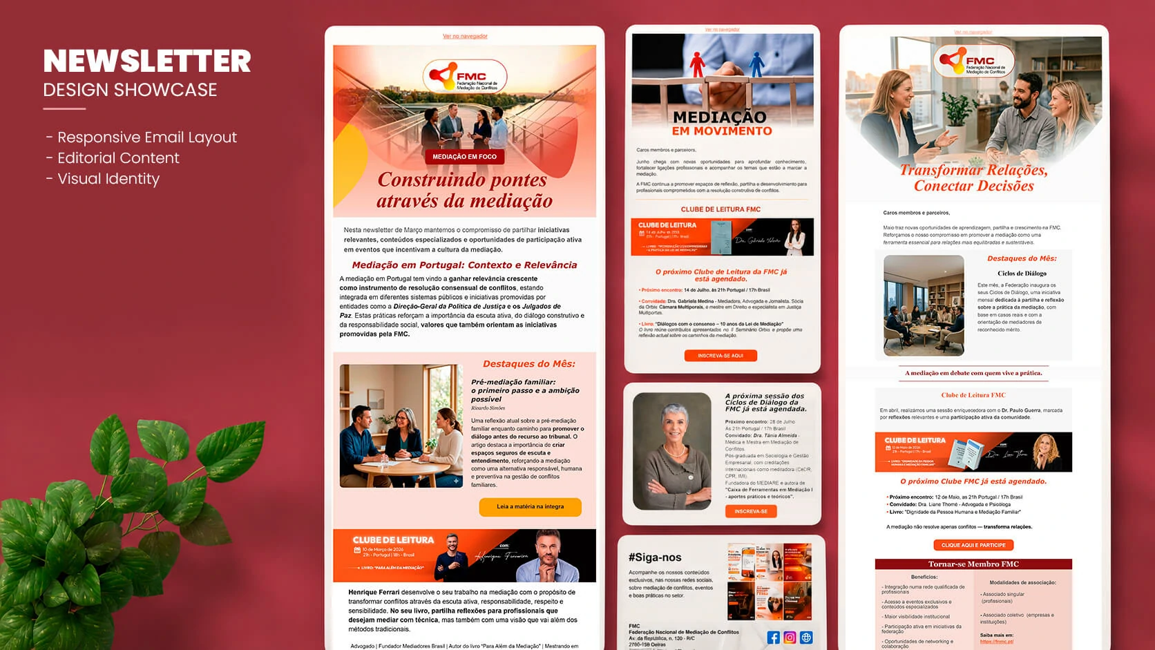 FMC monthly newsletter designs showing institutional articles, Clube de Leitura and Ciclos de Diálogo communication