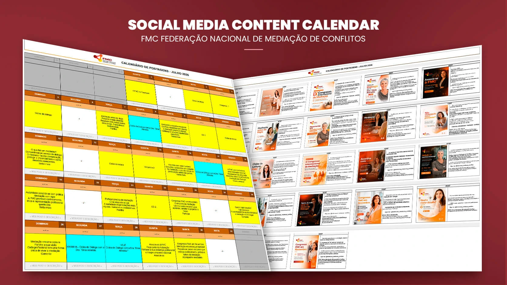 FMC monthly social media content calendar with planned posts, campaign creatives and publishing notes