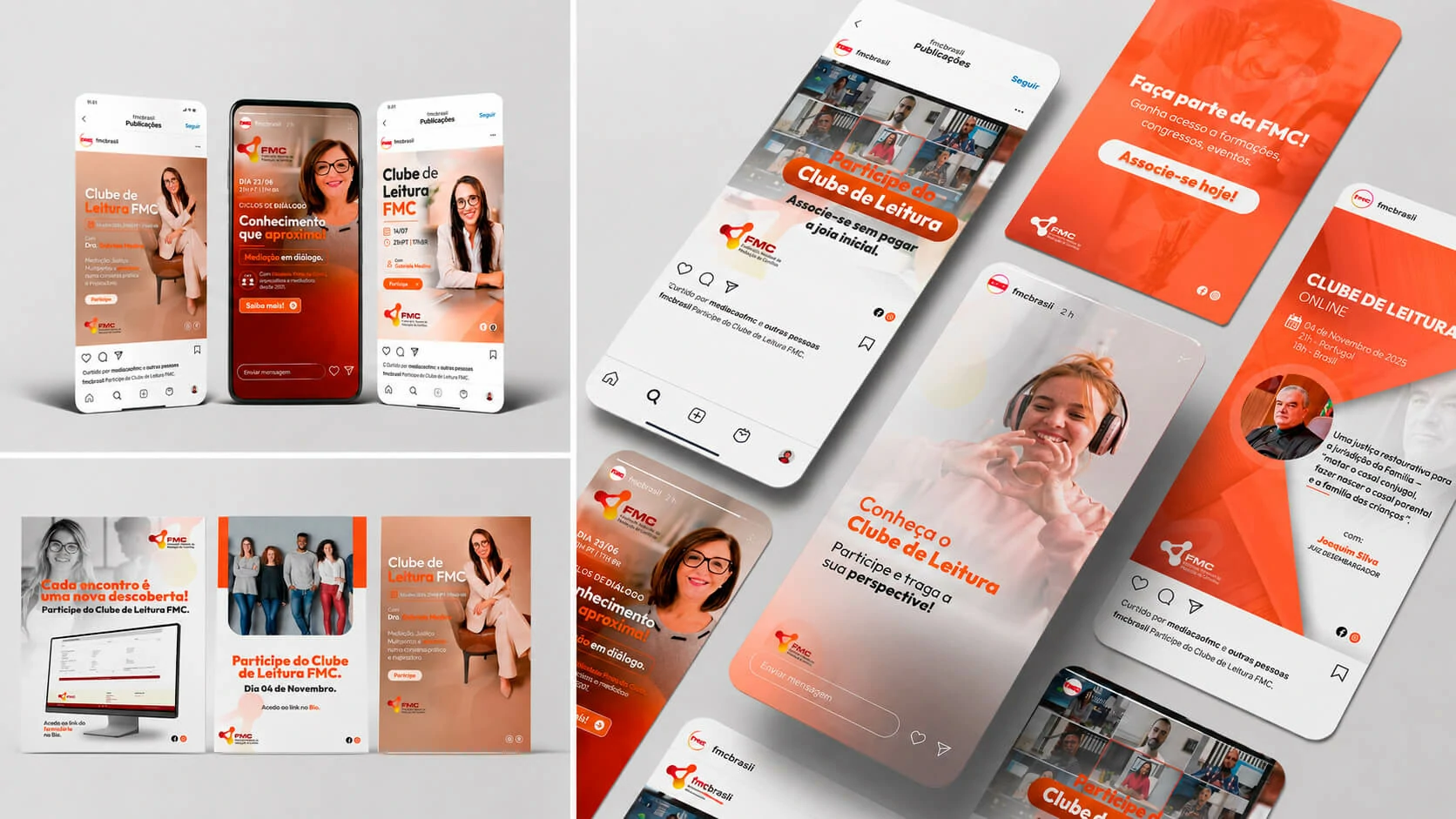 FMC social media campaign mockups for Clube de Leitura, Ciclos de Diálogo and membership communication