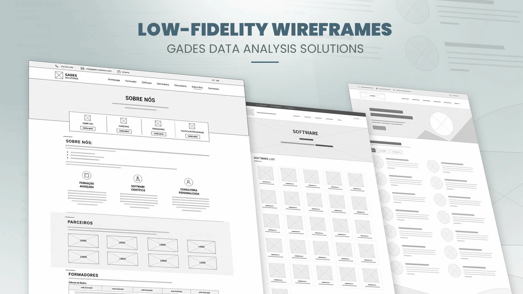 Low-fidelity wireframes for Gades Solutions institutional, software and content pages