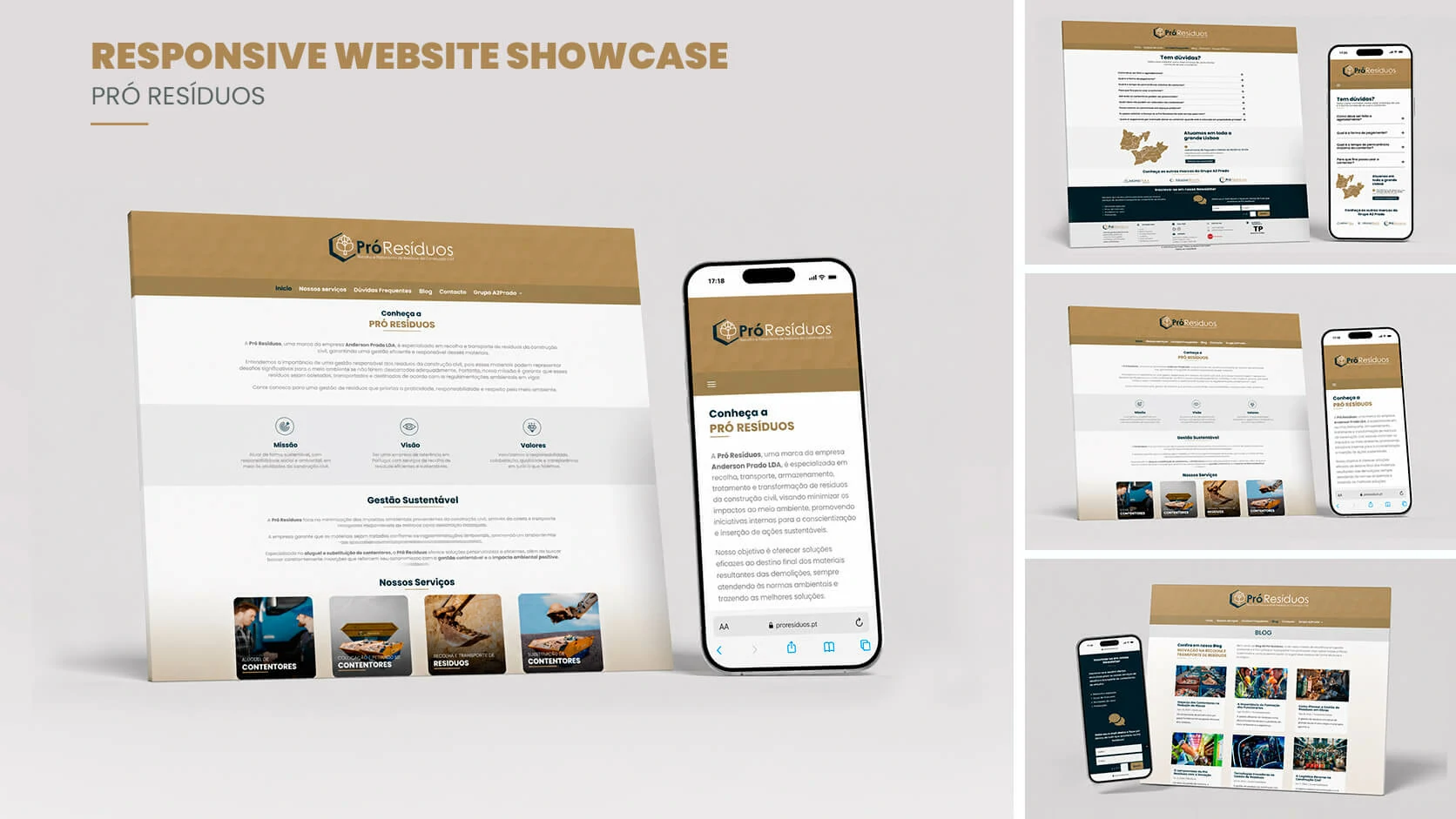 Pró Resíduos responsive website presentation across desktop and mobile layouts