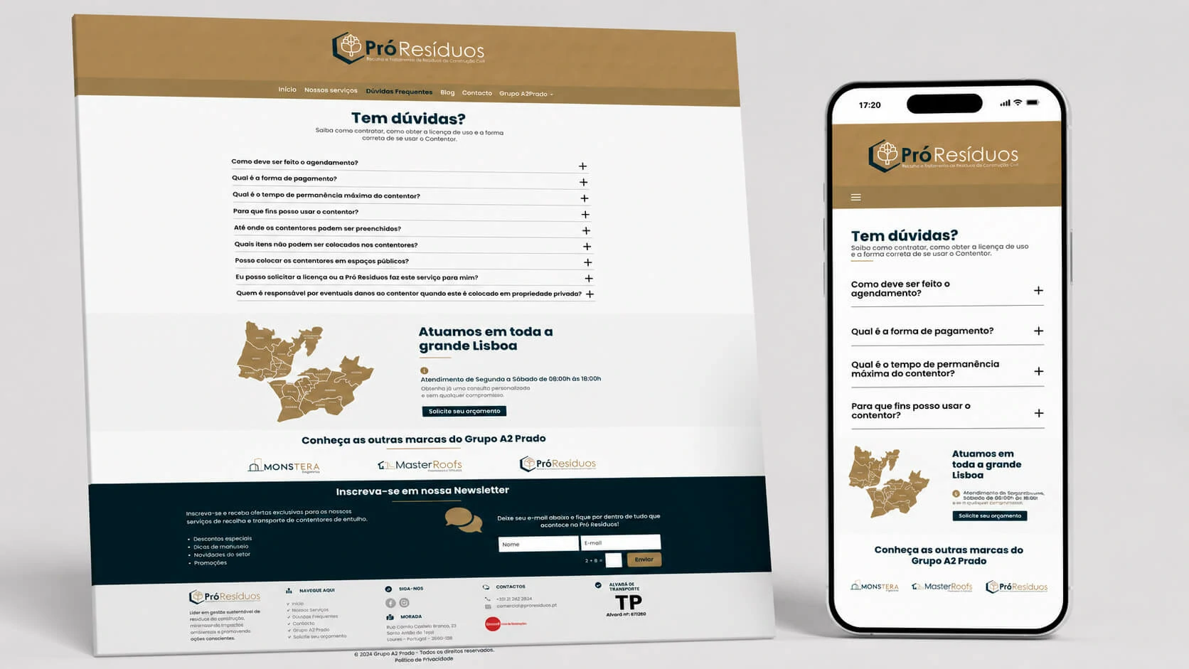Pró Resíduos responsive FAQ and newsletter sections