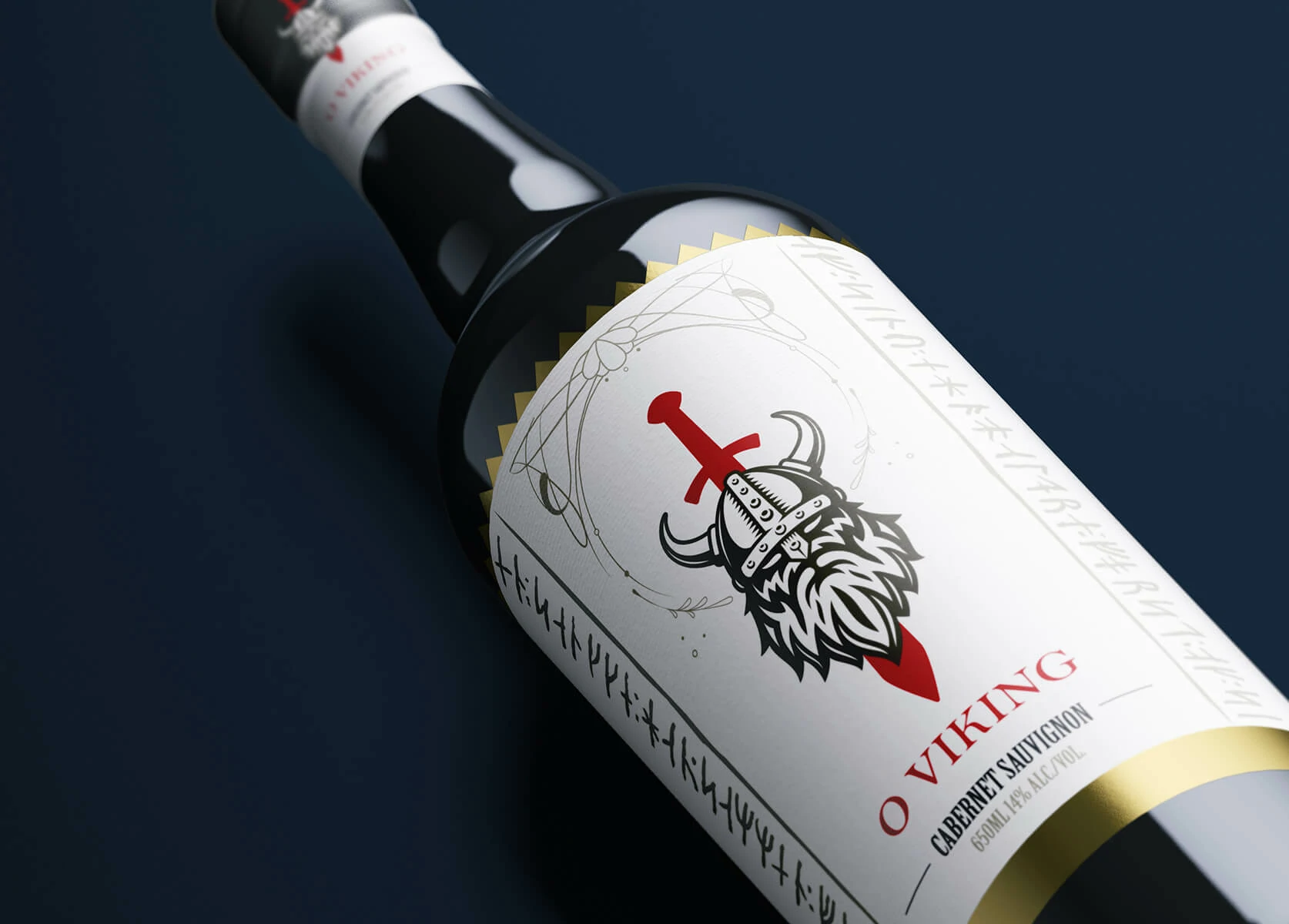 O Viking wine bottle label close-up featuring a Viking symbol integrated with a sword