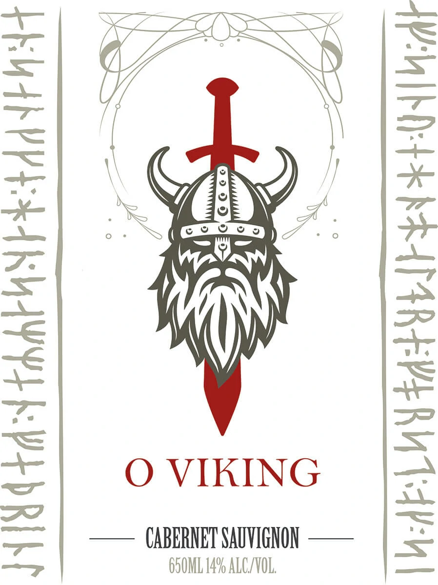 Complete O Viking Cabernet Sauvignon label artwork with central emblem and Nordic-inspired side inscriptions