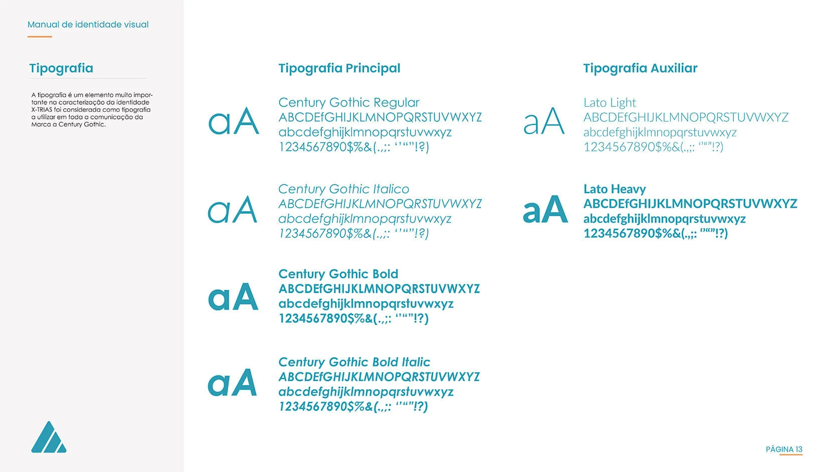 X-Trias brand guideline typography page showing Century Gothic and Lato families