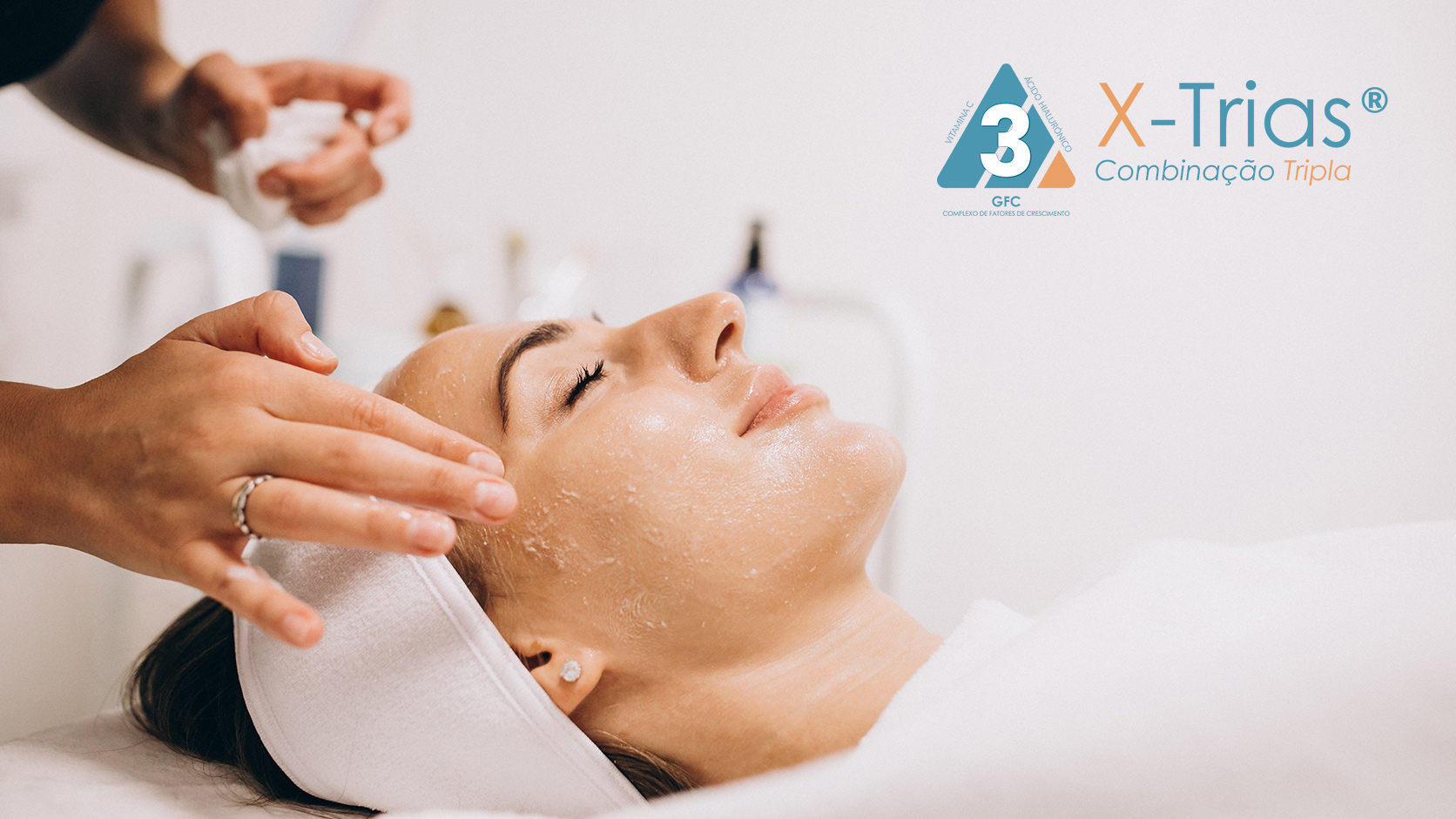 X-Trias campaign image showing a facial skincare treatment with the brand logo