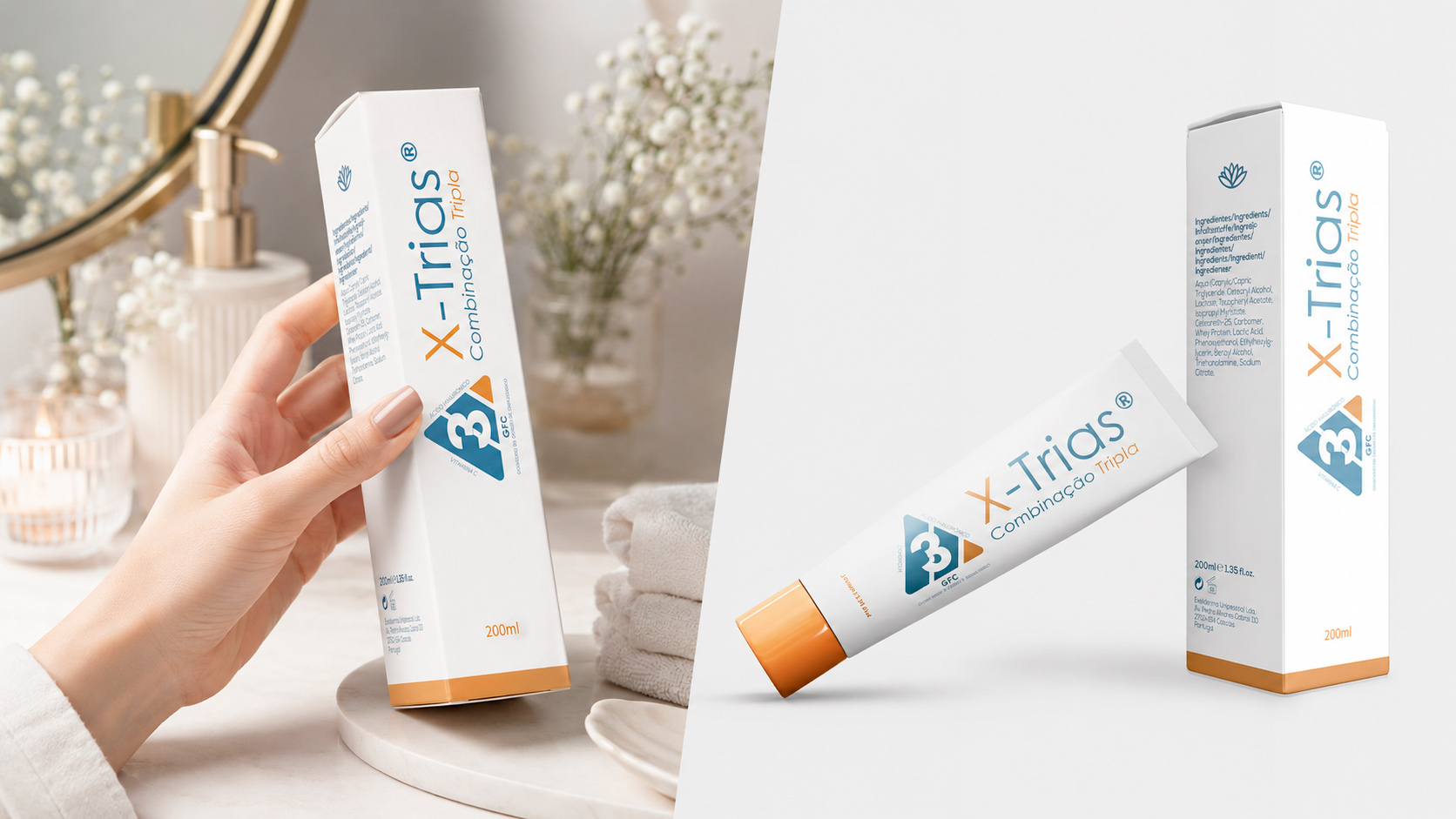 X-Trias tube and box packaging mockup presented on a clean background with towels